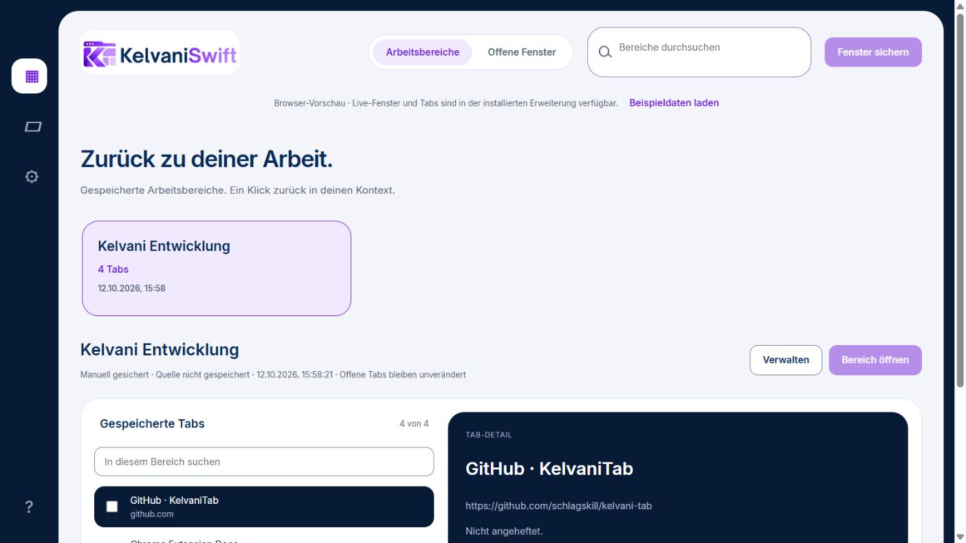 KelvaniSwift mit gespeichertem Arbeitsbereich, Tab-Liste und Detailansicht