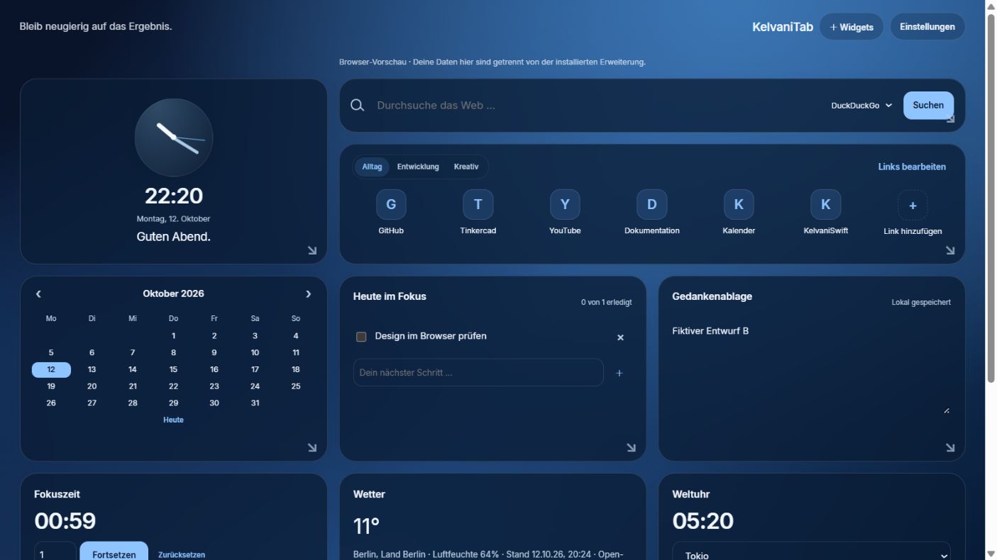 KelvaniTab mit Uhr, Suche, Schnellzugriffen und Widget-Raster
